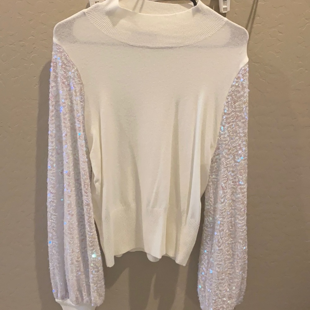 White sequin puff sleeve sweater